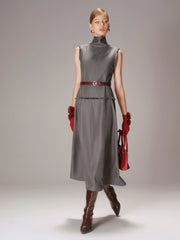 Belted Turtleneck Sleeveless Maxi Dress