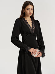 Lace V-Neck Bow Detail Satin Midi Dress