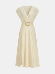 Linen Blend V-Neck Belted Maxi Dress