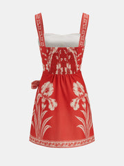 Floral Bird Print Wrap Tie Mini Dress