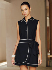 Contrast Piping Sleeveless Collared Cotton Mini Dress