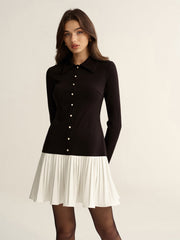 Contrast Pleated Hem Collared Mini Dress