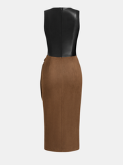 Faux Leather-Panel Tie-Waist Slit Dress