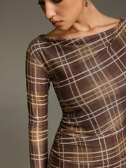 Plaid Mesh Off-Shoulder Maxi Dress without Belt