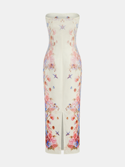 Strapless Floral Bird Print Maxi Dress