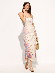 Strapless Floral Bird Print Maxi Dress