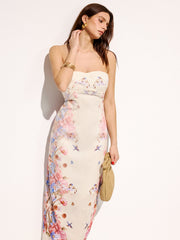 Strapless Floral Bird Print Maxi Dress